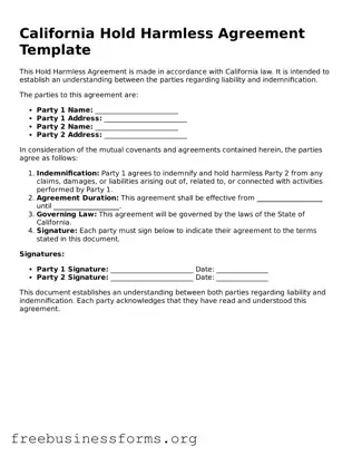 Blank  Hold Harmless Agreement Template for California
