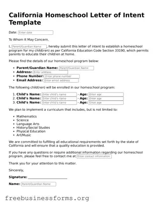 Blank  Homeschool Letter of Intent Template for California