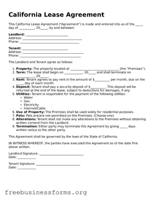 Blank  Lease Agreement Template for California