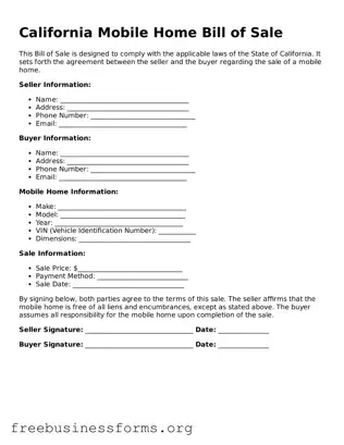 Blank  Mobile Home Bill of Sale Template for California