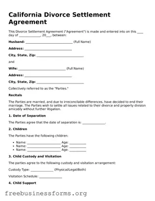 Blank  Divorce Settlement Agreement Template for California