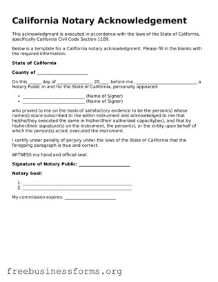 Blank  Notary Acknowledgement Template for California