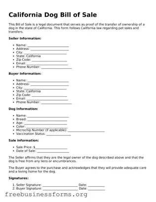 Blank  Dog Bill of Sale Template for California