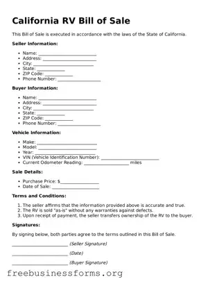 Blank  RV Bill of Sale Template for California