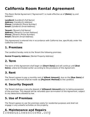 Blank  Room Rental Agreement Template for California