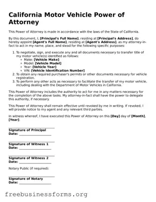 Blank  Motor Vehicle Power of Attorney Template for California