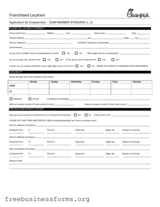 Official Chick Fil A Job Application Form in PDF