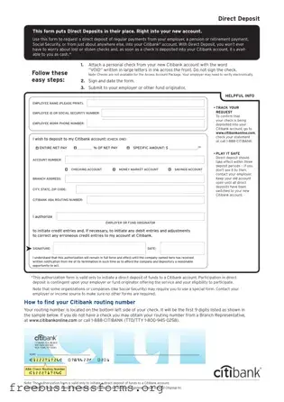 Official Citibank Direct Deposit Form in PDF