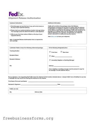 Official Fedex Release Form in PDF