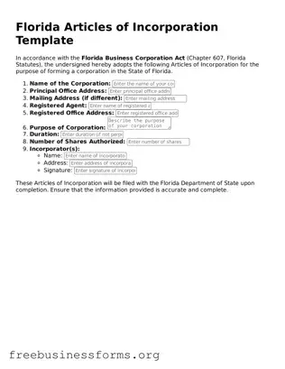 Blank  Articles of Incorporation Template for Florida