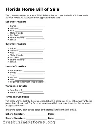 Blank  Horse Bill of Sale Template for Florida