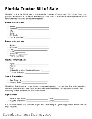 Blank  Tractor Bill of Sale Template for Florida