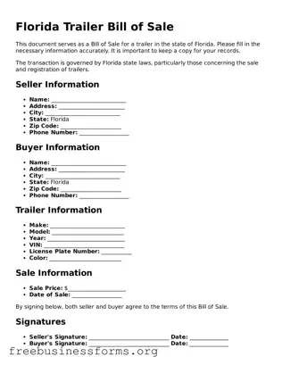 Blank  Trailer Bill of Sale Template for Florida