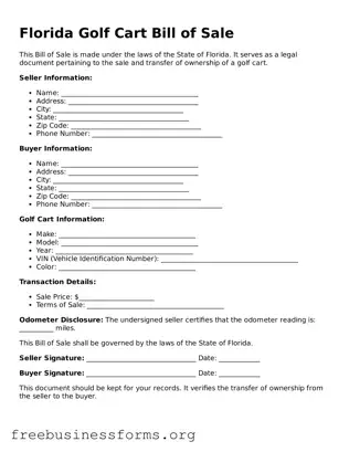 Blank  Golf Cart Bill of Sale Template for Florida
