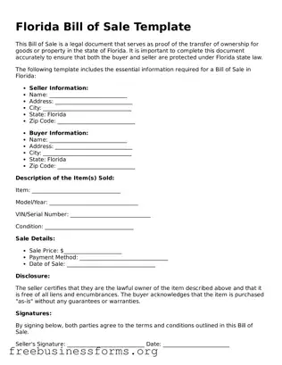 Blank  Bill of Sale Template for Florida