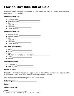 Blank  Dirt Bike Bill of Sale Template for Florida