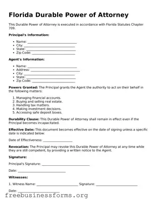 Blank  Durable Power of Attorney Template for Florida