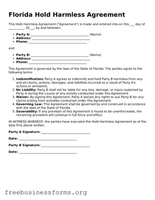 Blank  Hold Harmless Agreement Template for Florida