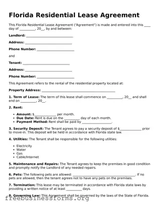 Blank  Residential Lease Agreement Template for Florida