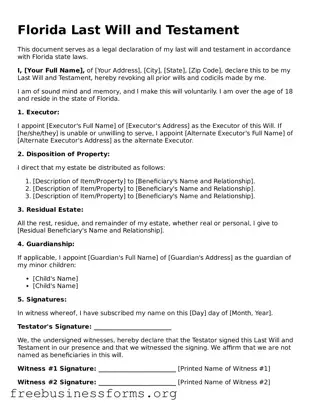 Blank  Last Will and Testament Template for Florida