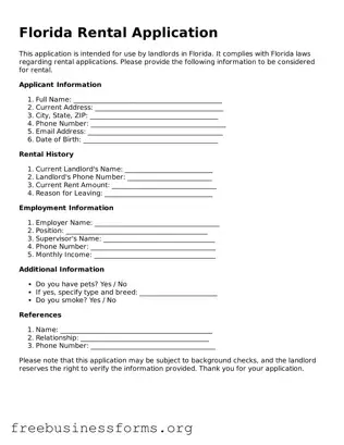 Blank  Rental Application Template for Florida