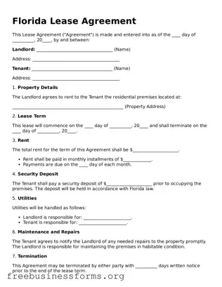 Blank  Lease Agreement Template for Florida