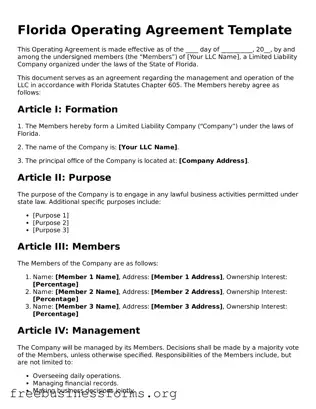 Blank  Operating Agreement Template for Florida