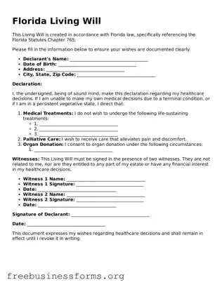 Blank  Living Will Template for Florida
