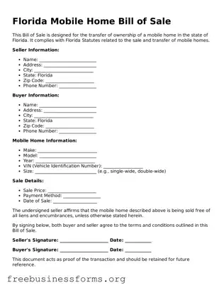 Blank  Mobile Home Bill of Sale Template for Florida