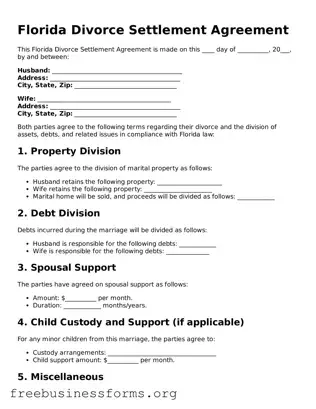 Blank  Divorce Settlement Agreement Template for Florida