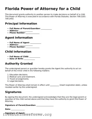 Blank  Power of Attorney for a Child Template for Florida