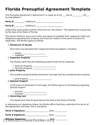 Blank  Prenuptial Agreement Template for Florida