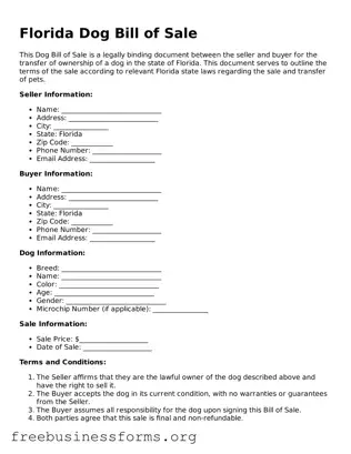 Blank  Dog Bill of Sale Template for Florida