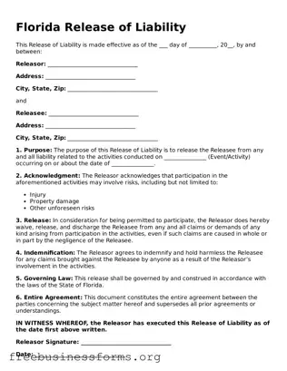 Blank  Release of Liability Template for Florida
