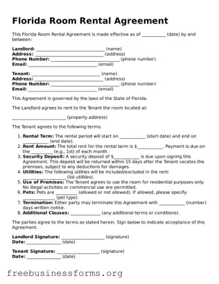 Blank  Room Rental Agreement Template for Florida