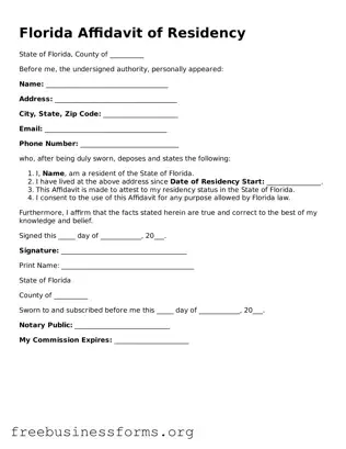 Blank  Affidavit of Residency Template for Florida