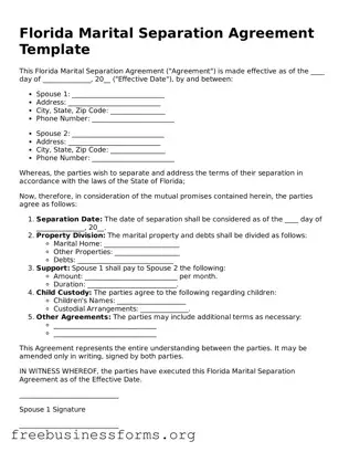Blank  Marital Separation Agreement Template for Florida