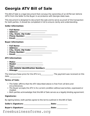 Blank  ATV Bill of Sale Template for Georgia