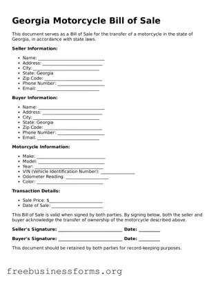 Blank  Motorcycle Bill of Sale Template for Georgia