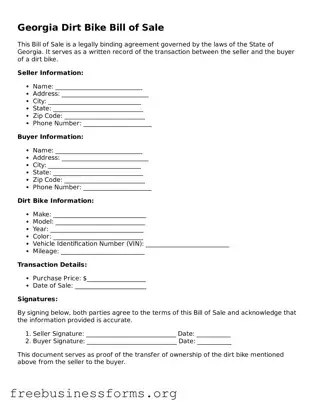 Blank  Dirt Bike Bill of Sale Template for Georgia