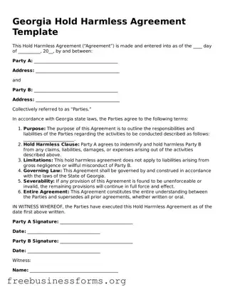 Blank  Hold Harmless Agreement Template for Georgia