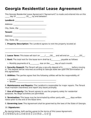 Blank  Residential Lease Agreement Template for Georgia