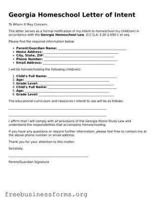 Blank  Homeschool Letter of Intent Template for Georgia