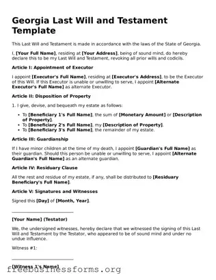 Blank  Last Will and Testament Template for Georgia