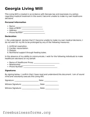 Blank  Living Will Template for Georgia