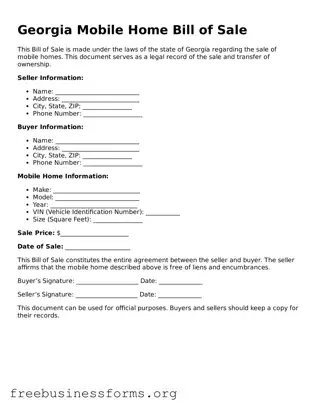 Blank  Mobile Home Bill of Sale Template for Georgia