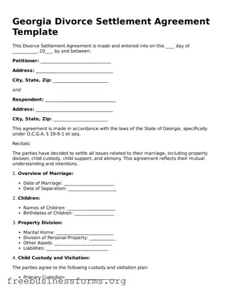 Blank  Divorce Settlement Agreement Template for Georgia