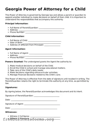 Blank  Power of Attorney for a Child Template for Georgia