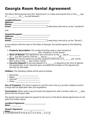 Blank  Room Rental Agreement Template for Georgia