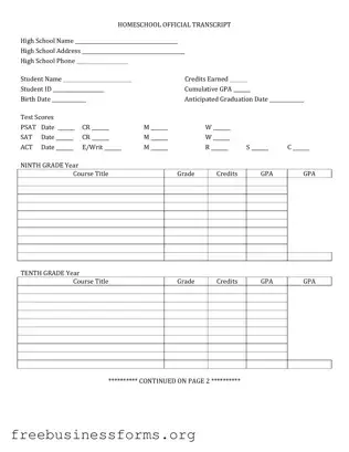 Official High School Transcript Form in PDF